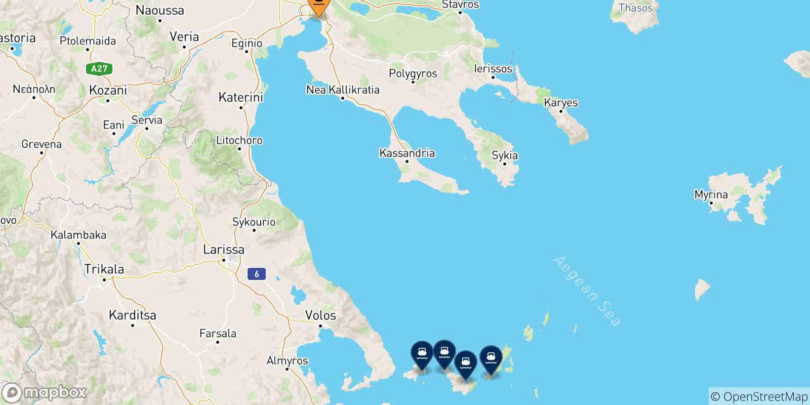Mappa delle possibili rotte tra Salonicco e le Isole Sporadi