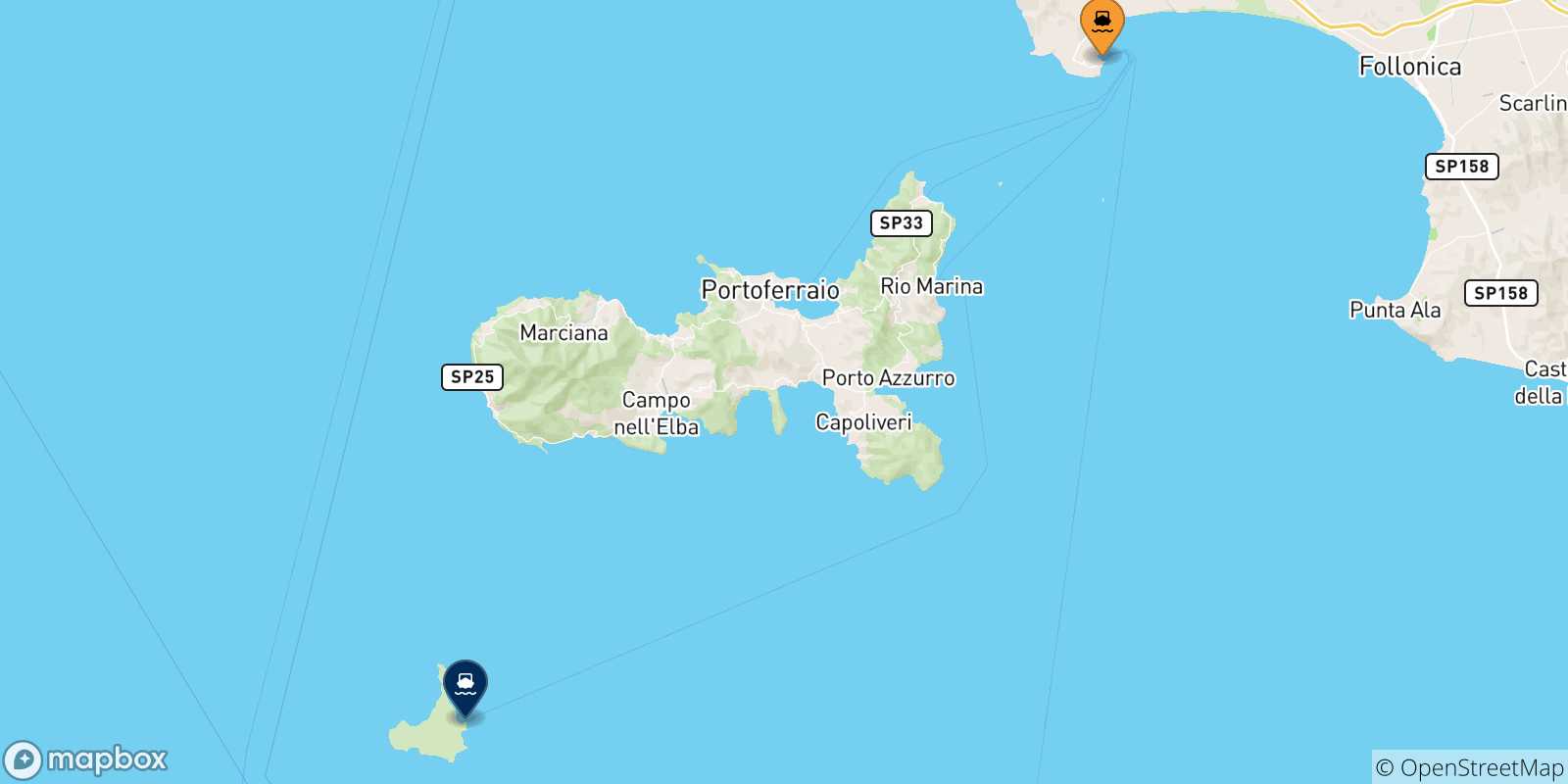 Mappa delle possibili rotte tra Piombino e l'Isola Di Pianosa