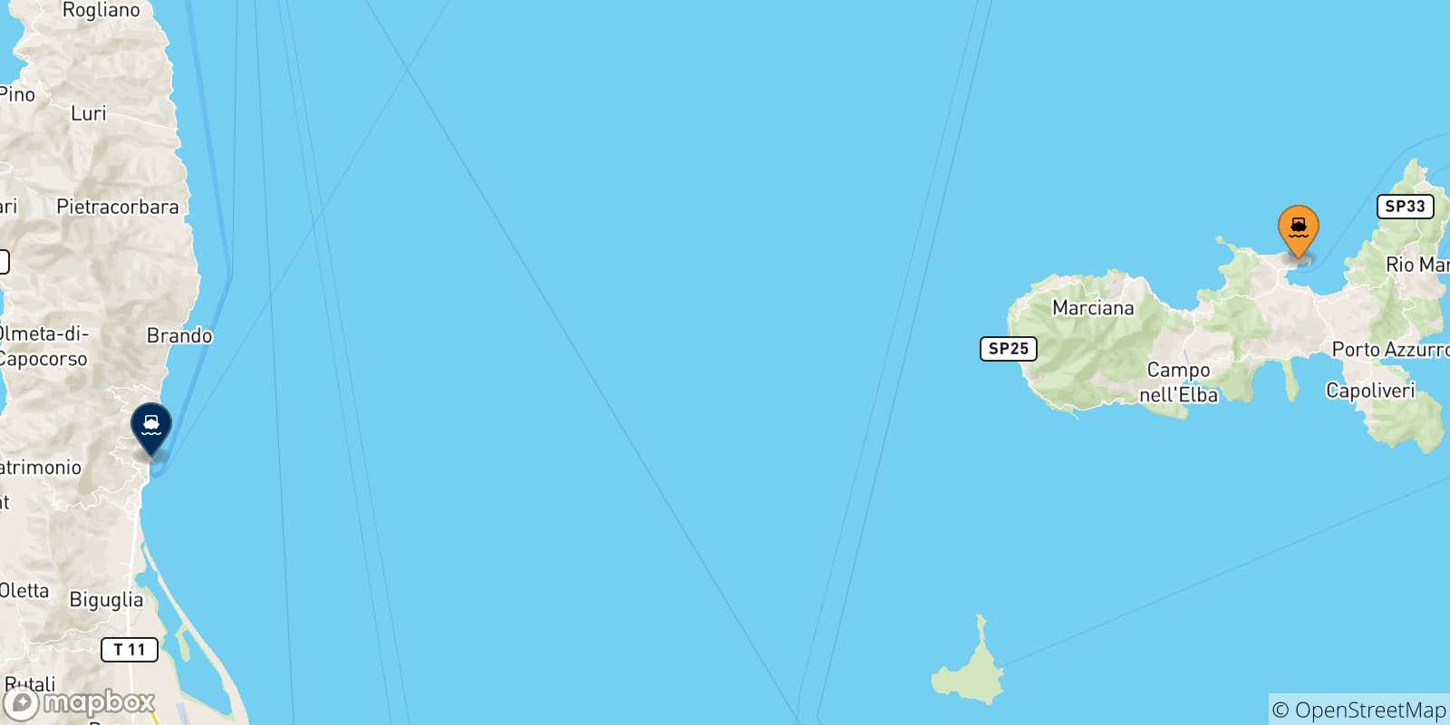 Mappa delle possibili rotte tra l'Isola D'elba e Bastia