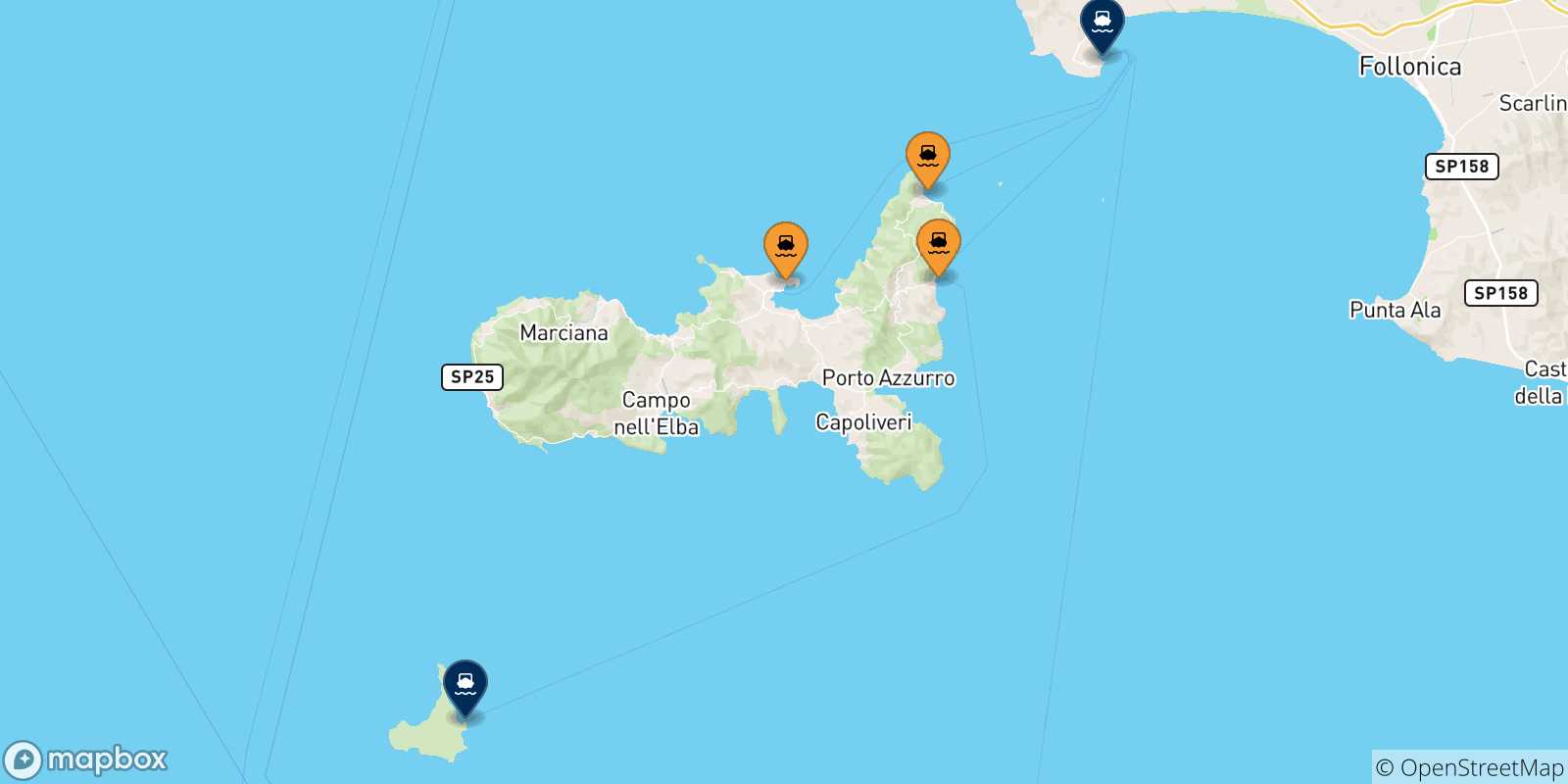 Mappa delle possibili rotte tra l'Isola D'elba e l'Italia