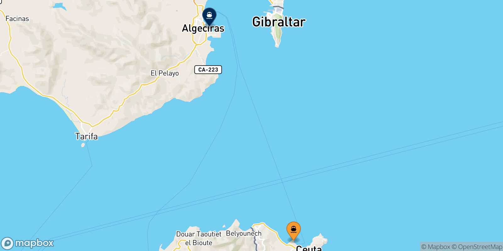 Mappa dei porti collegati con  Algeciras