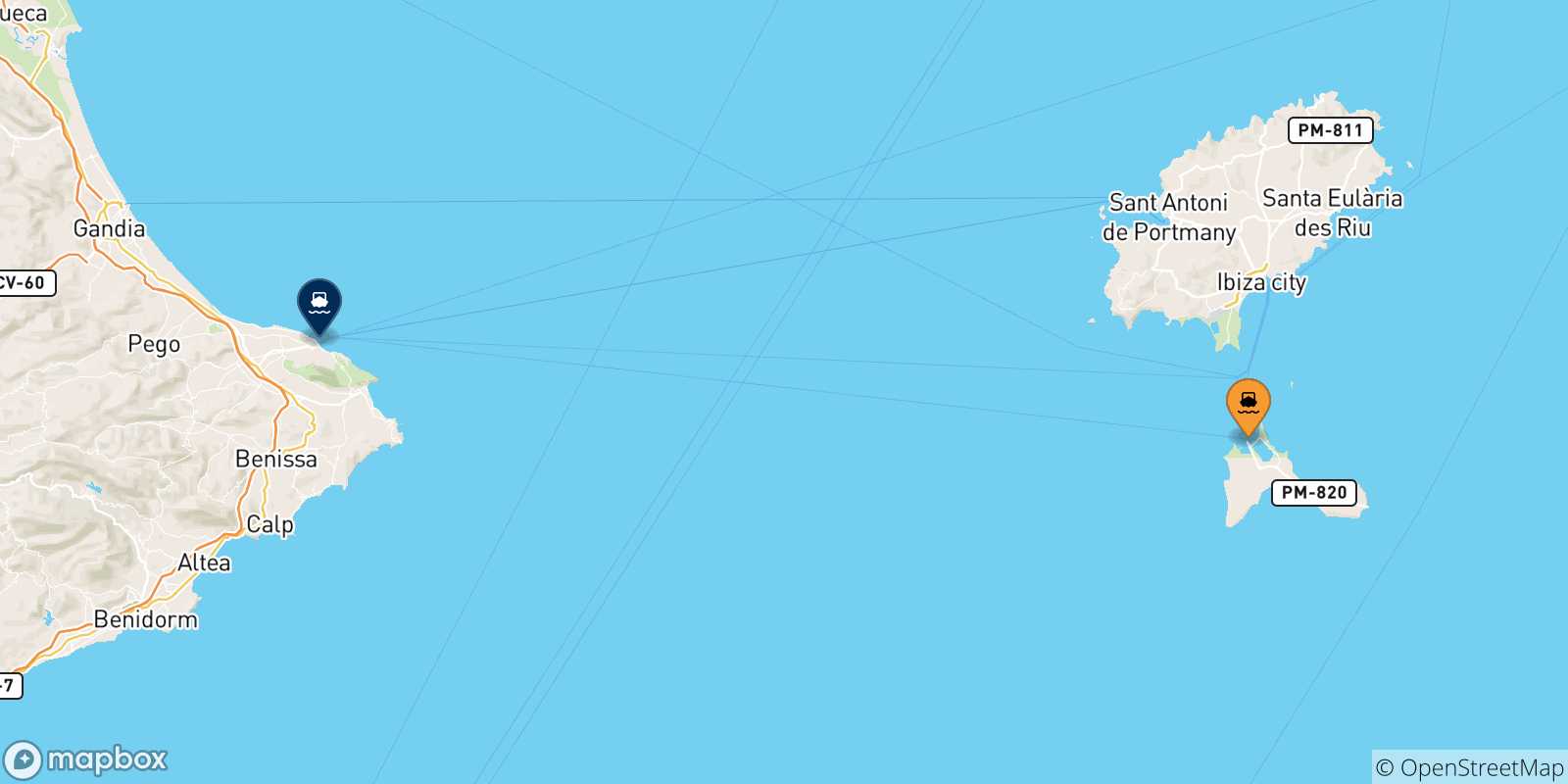 Mappa delle possibili rotte tra le Isole Baleari e Denia