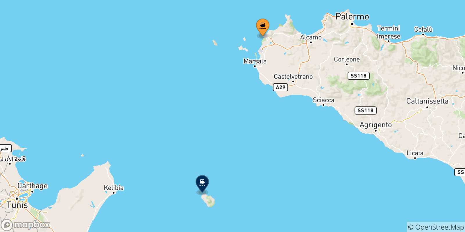Mappa delle possibili rotte tra l'Italia e Pantelleria