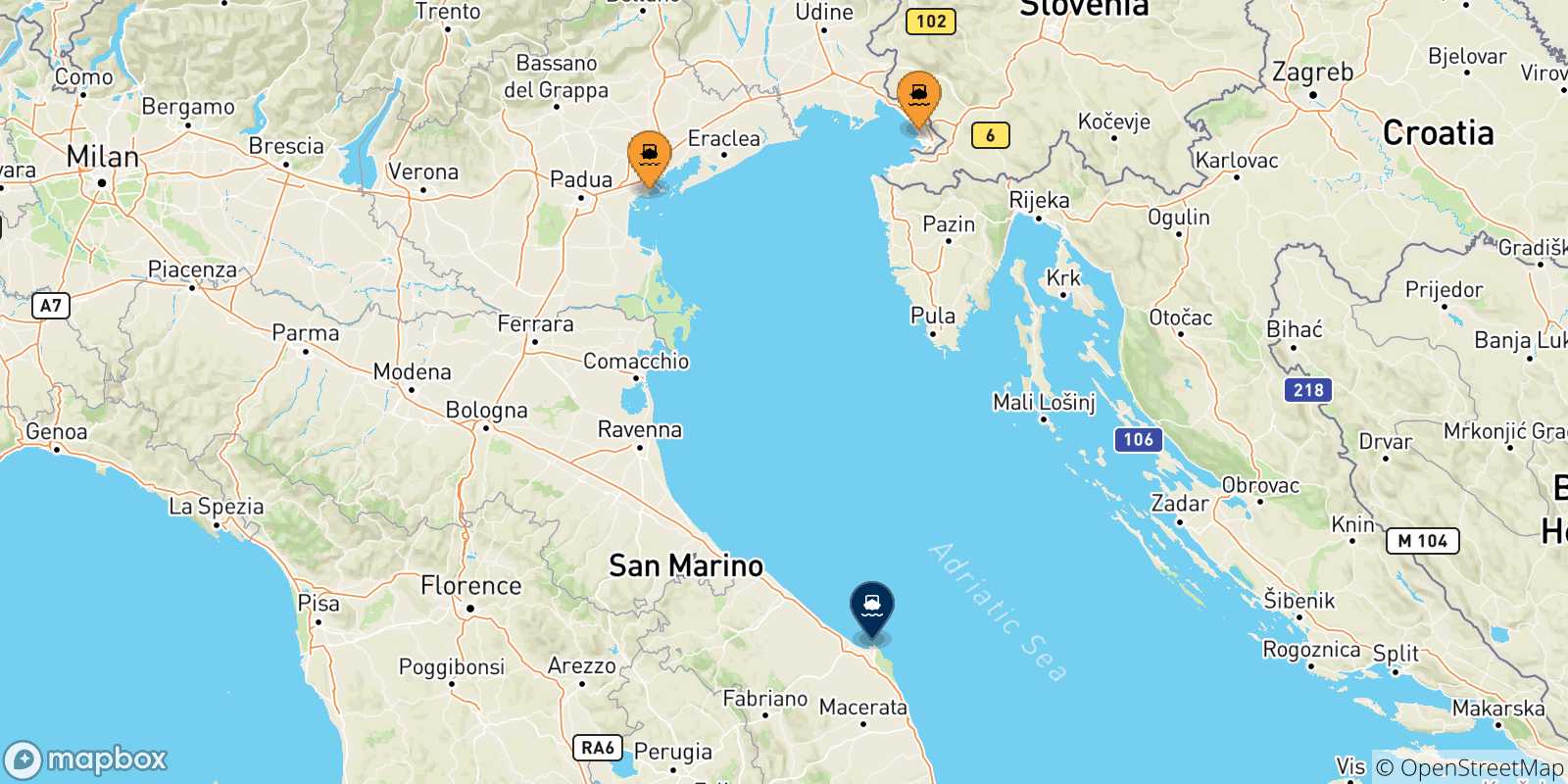 Mappa delle possibili rotte tra l'Italia e Ancona