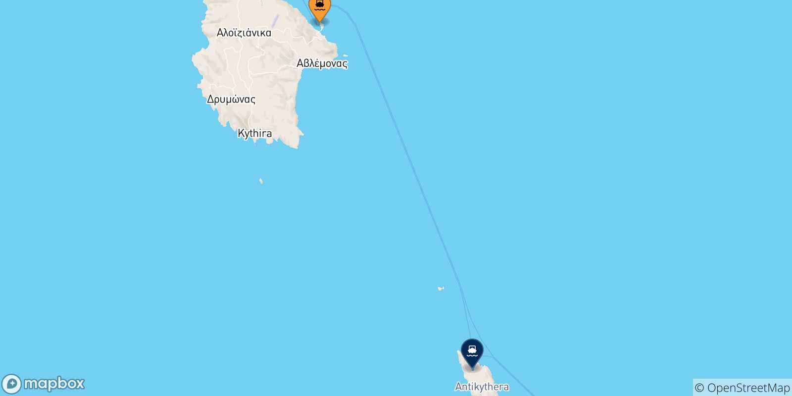 Mappa delle possibili rotte tra Kythira e le Isole Ionie