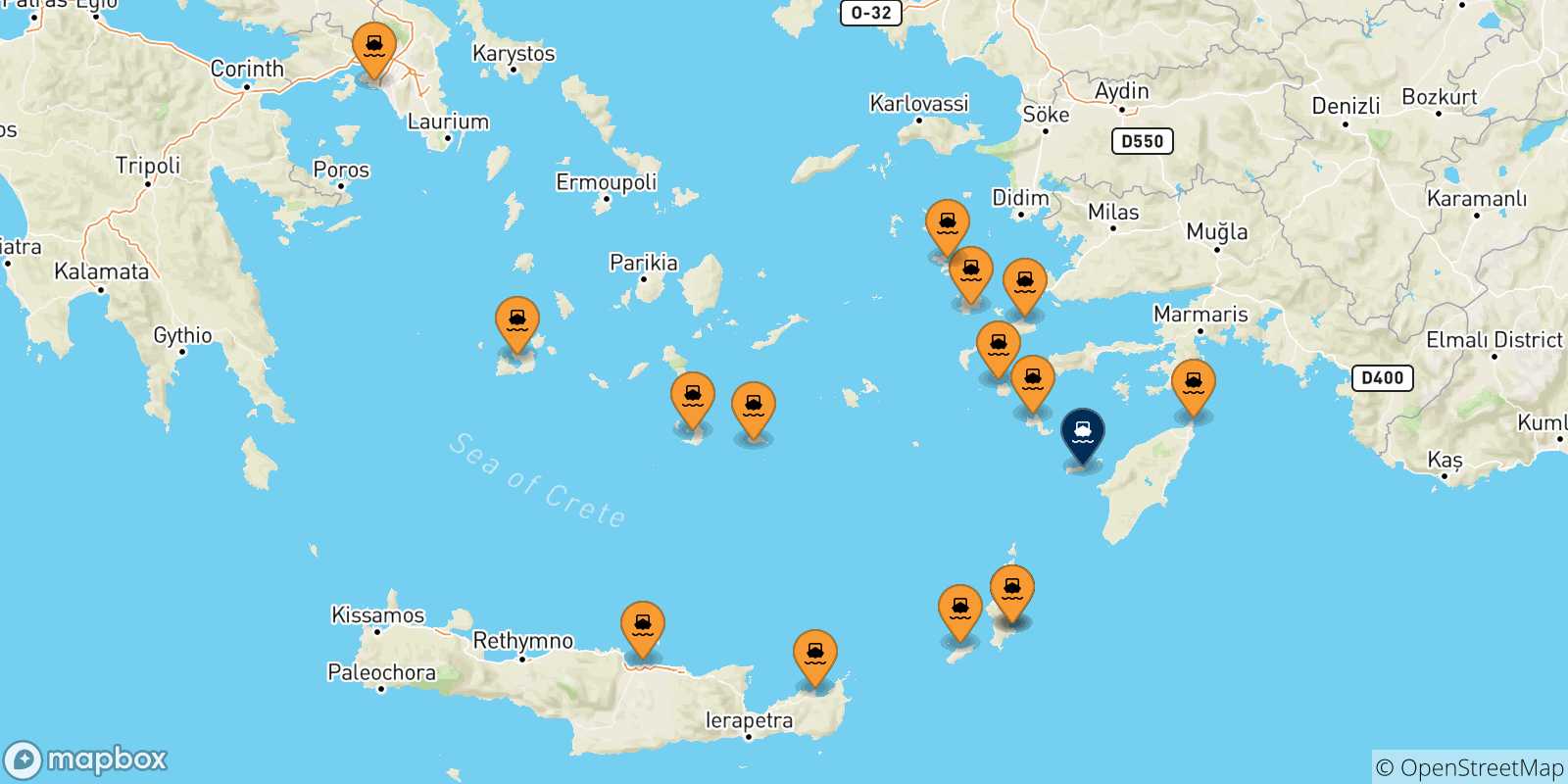 Mappa delle possibili rotte tra la Grecia e Chalki