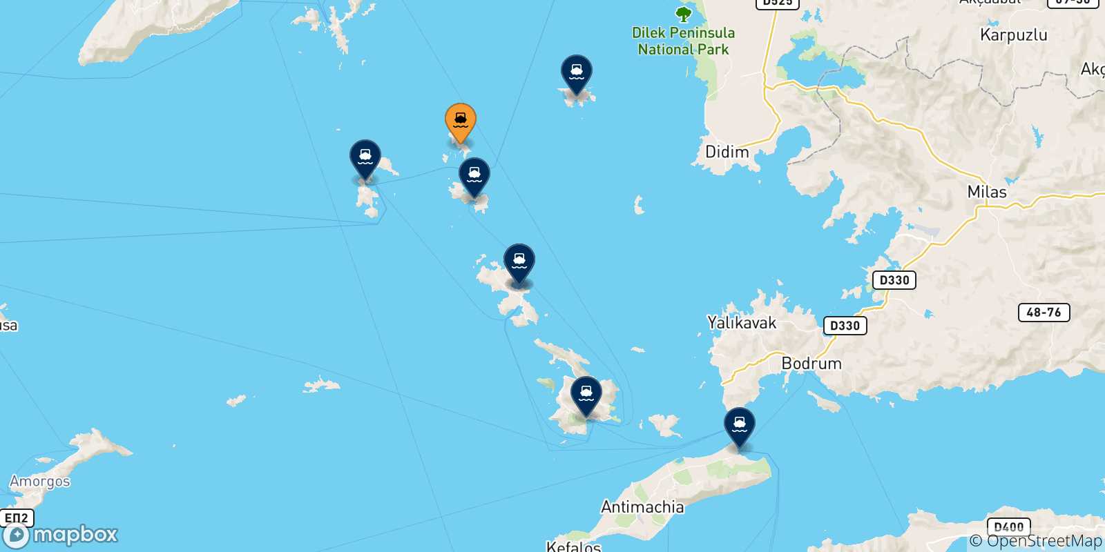 Mappa delle possibili rotte tra Arkyi e le Isole Dodecaneso