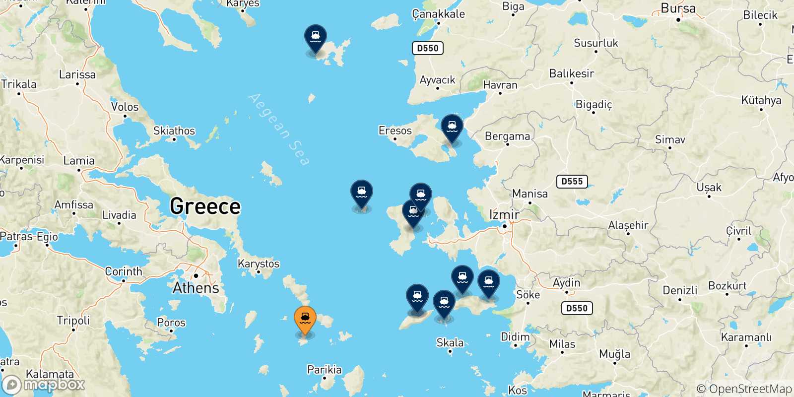 Mappa delle possibili rotte tra Syros e le Isole Egeo Nord Orientale