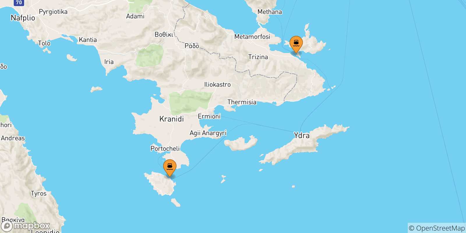 Mappa delle possibili rotte tra le Isole Saroniche e Hydra