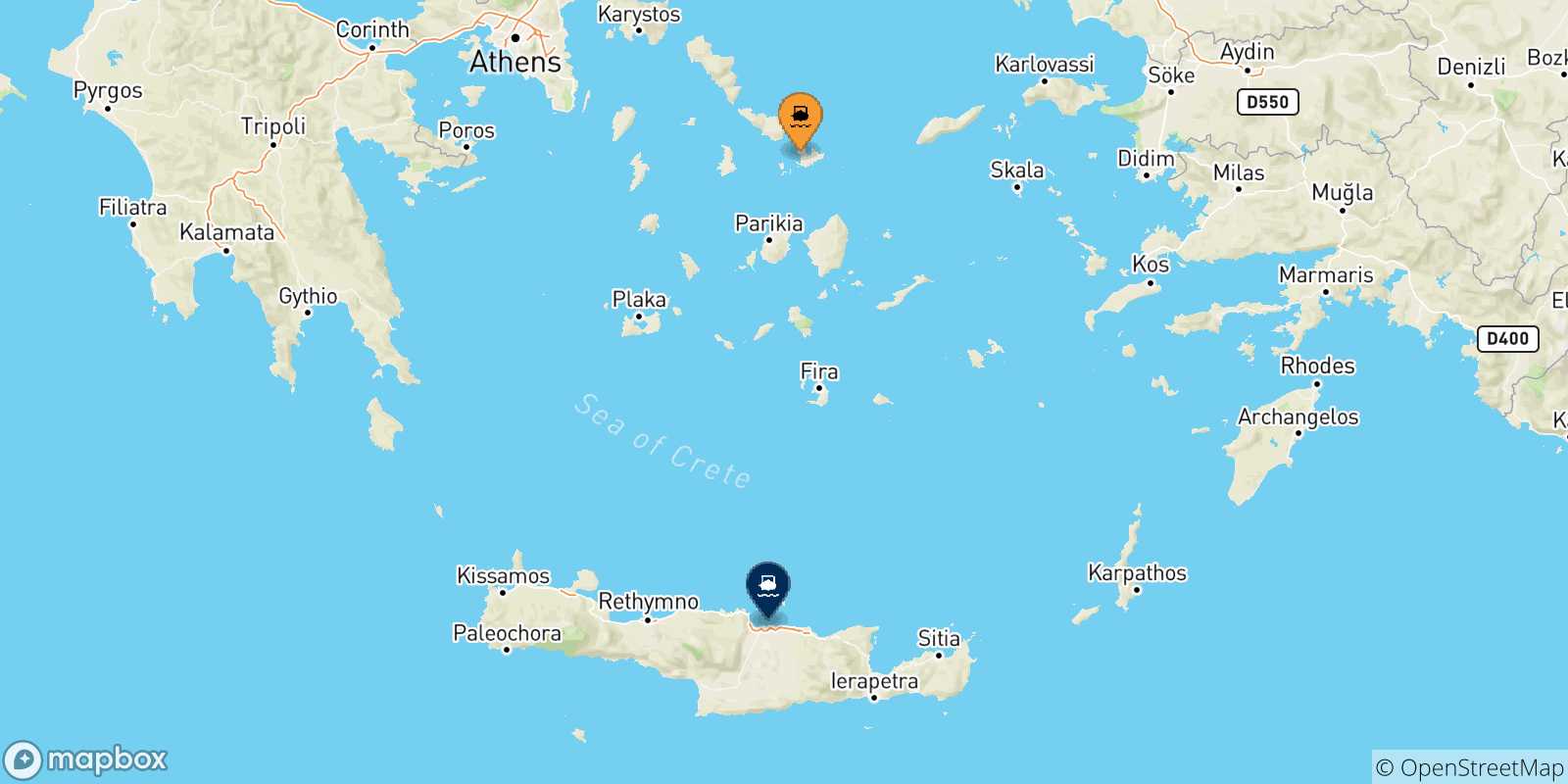Mappa delle possibili rotte tra Mykonos e Creta