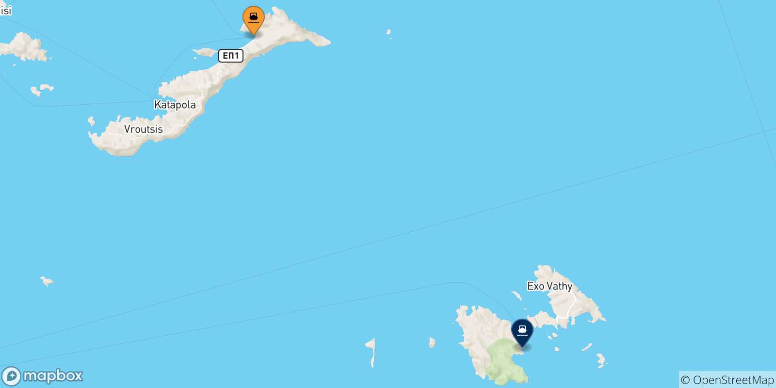 Mappa delle possibili rotte tra Aegiali (Amorgos) e le Isole Dodecaneso