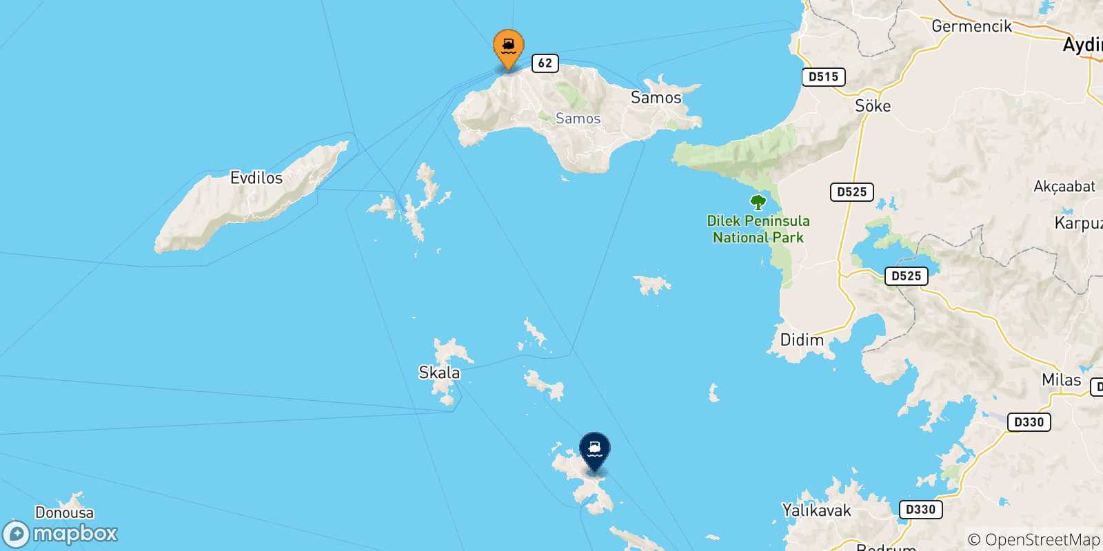 Mappa delle possibili rotte tra le Isole Egeo Nord Orientale e Agia Marina (Leros)