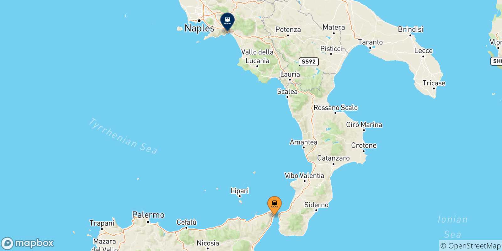 Mappa delle possibili rotte tra Messina e l'Italia