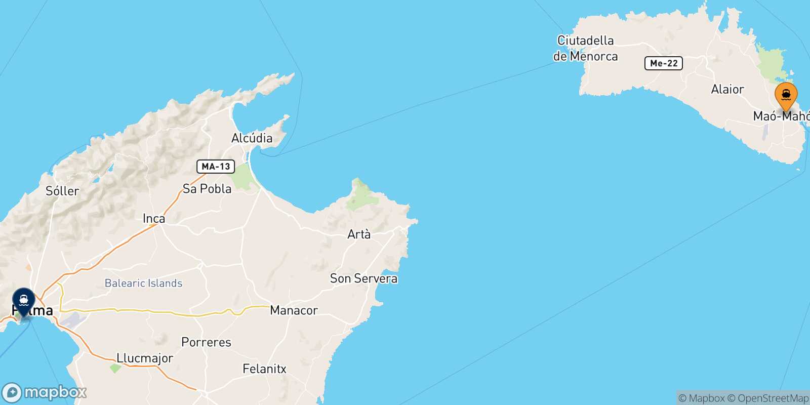 Mappa della rotta Mahon (Minorca) Palma Di Maiorca