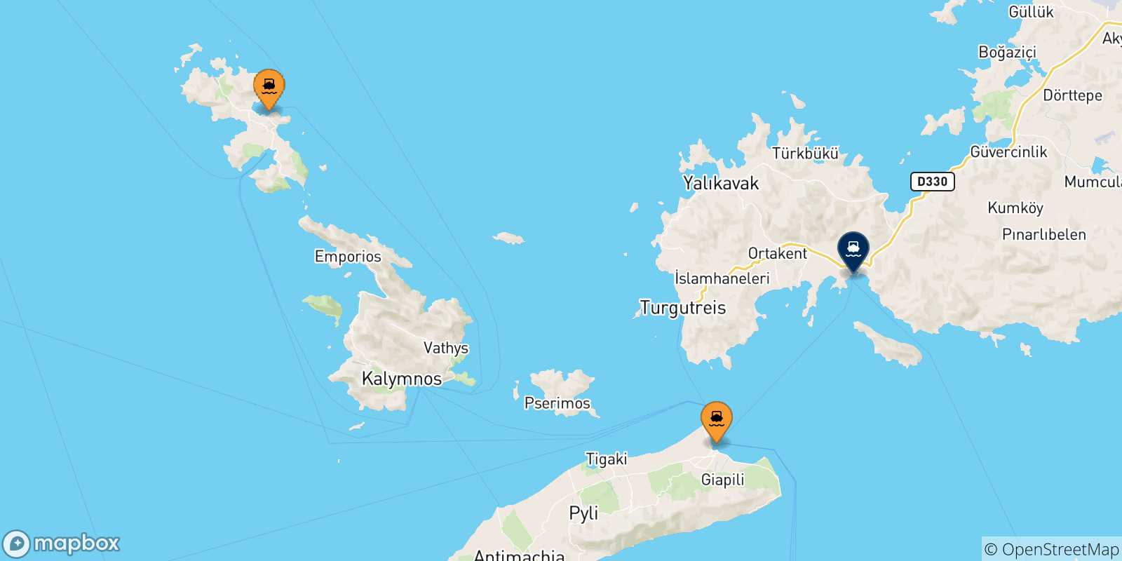 Mappa delle possibili rotte tra le Isole Dodecaneso e Turgutreis