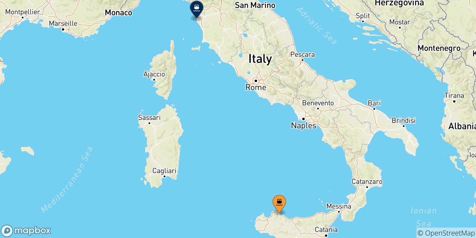 Mappa delle possibili rotte tra la Sicilia e Livorno