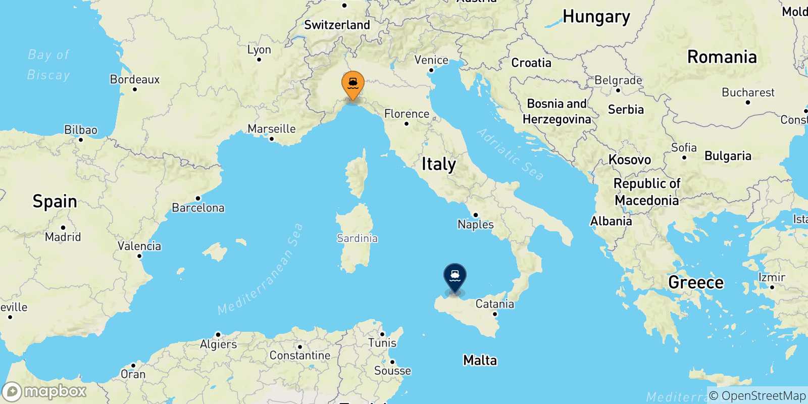 Mappa delle possibili rotte tra Genova e la Sicilia