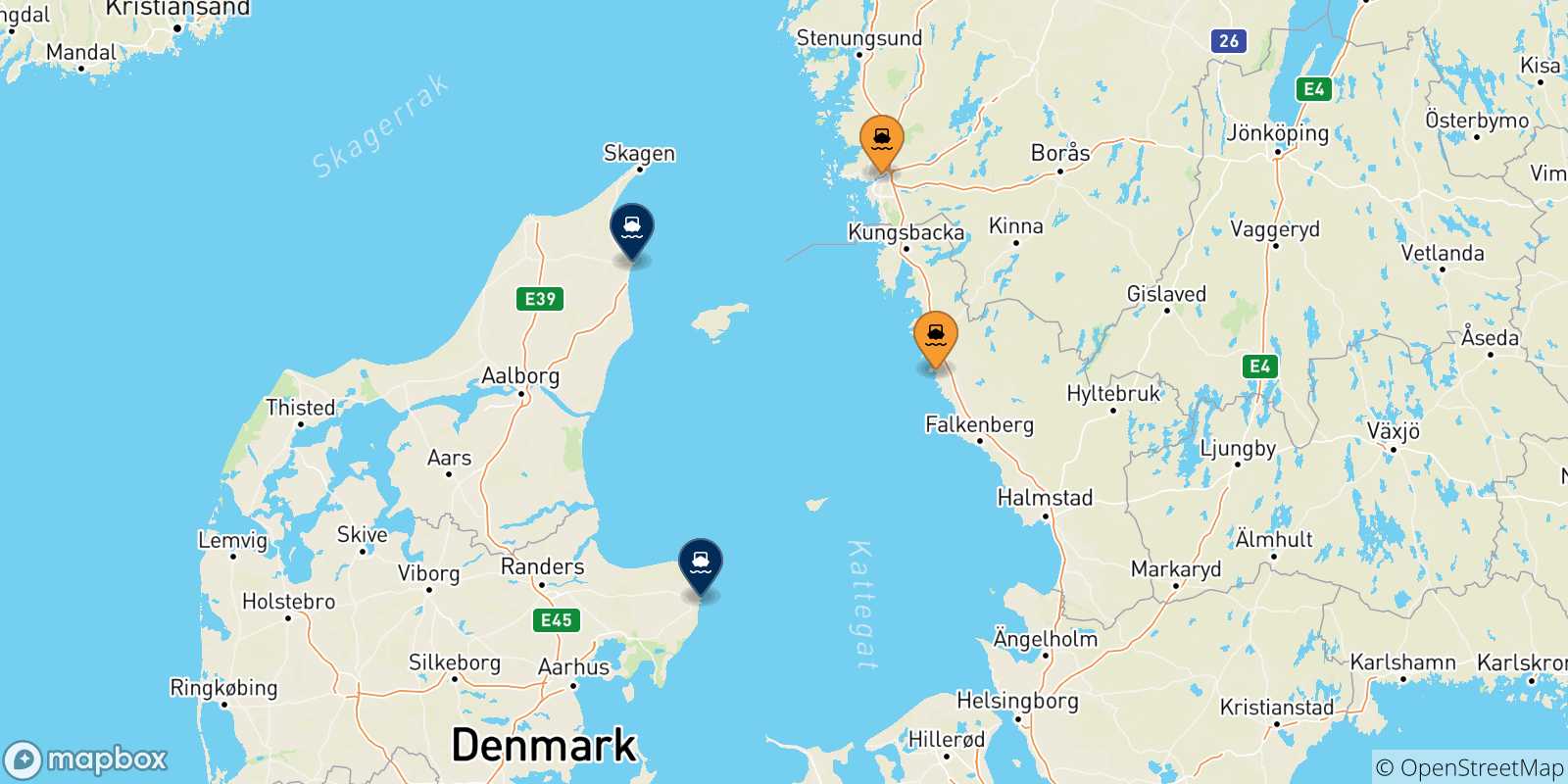 Mappa delle possibili rotte tra la Svezia e la Danimarca