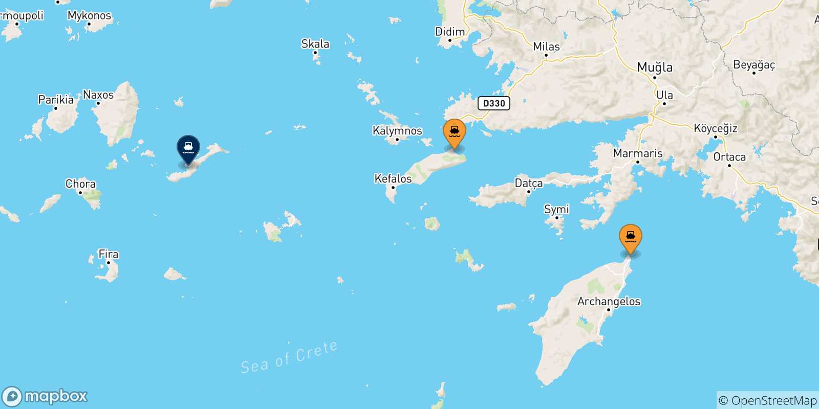 Mappa delle possibili rotte tra le Isole Dodecaneso e Katapola (Amorgos)