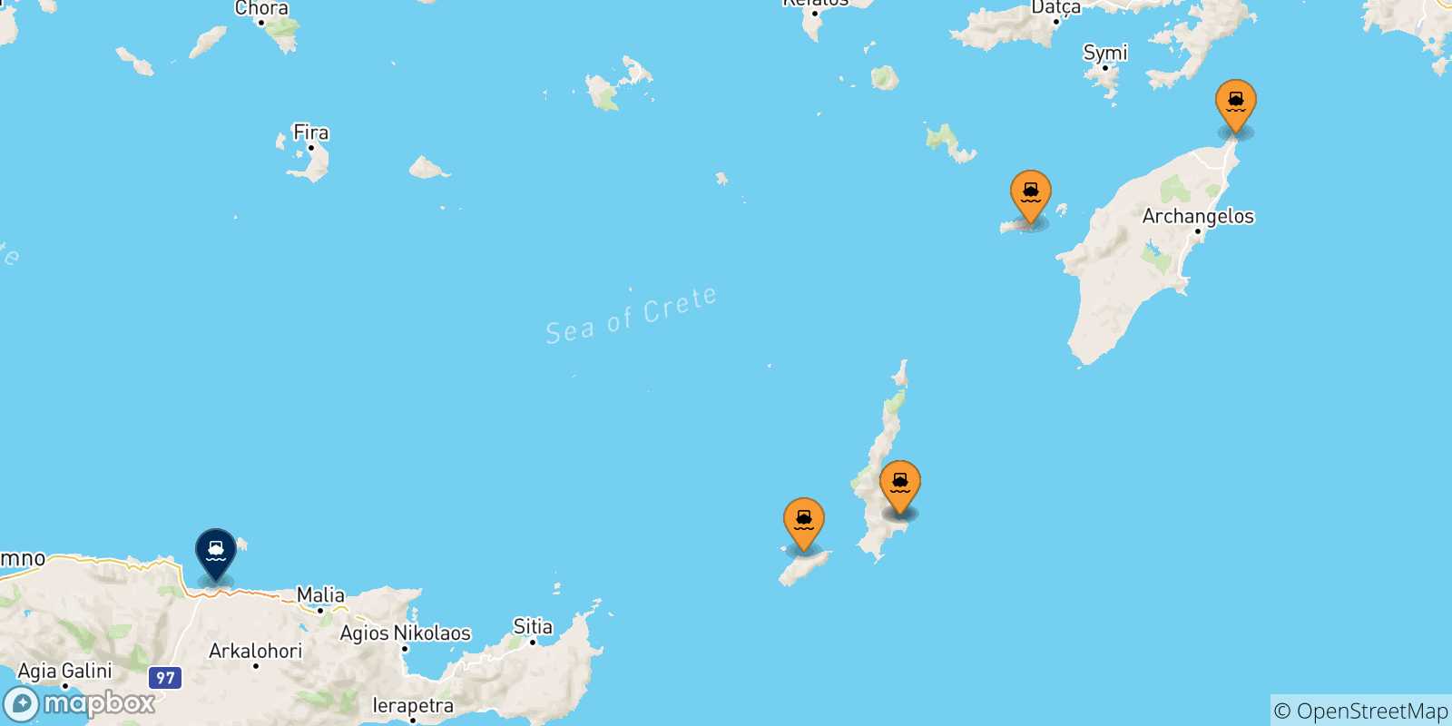 Mappa delle possibili rotte tra le Isole Dodecaneso e Heraklion