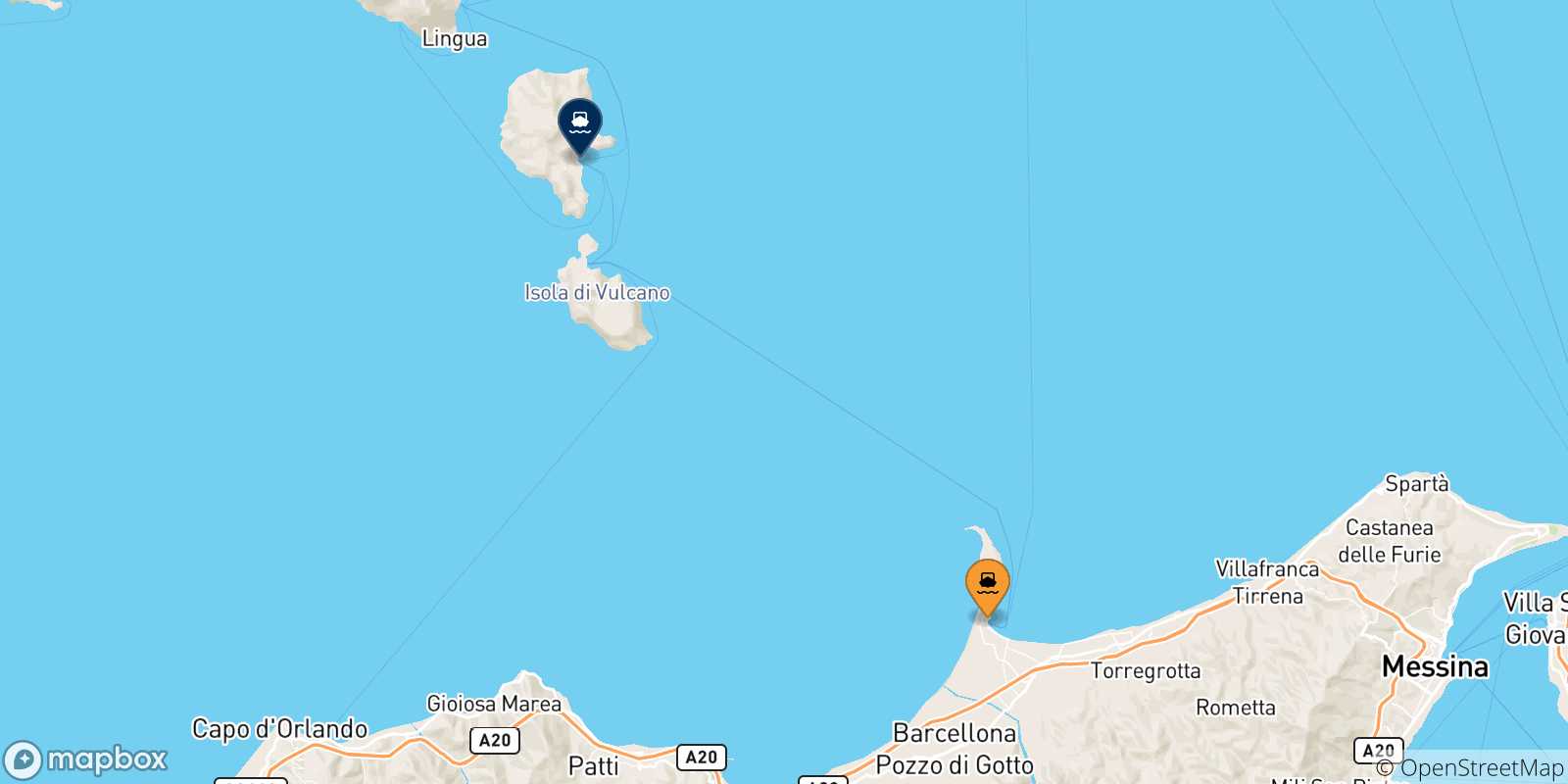 Mappa delle possibili rotte tra la Sicilia e Lipari