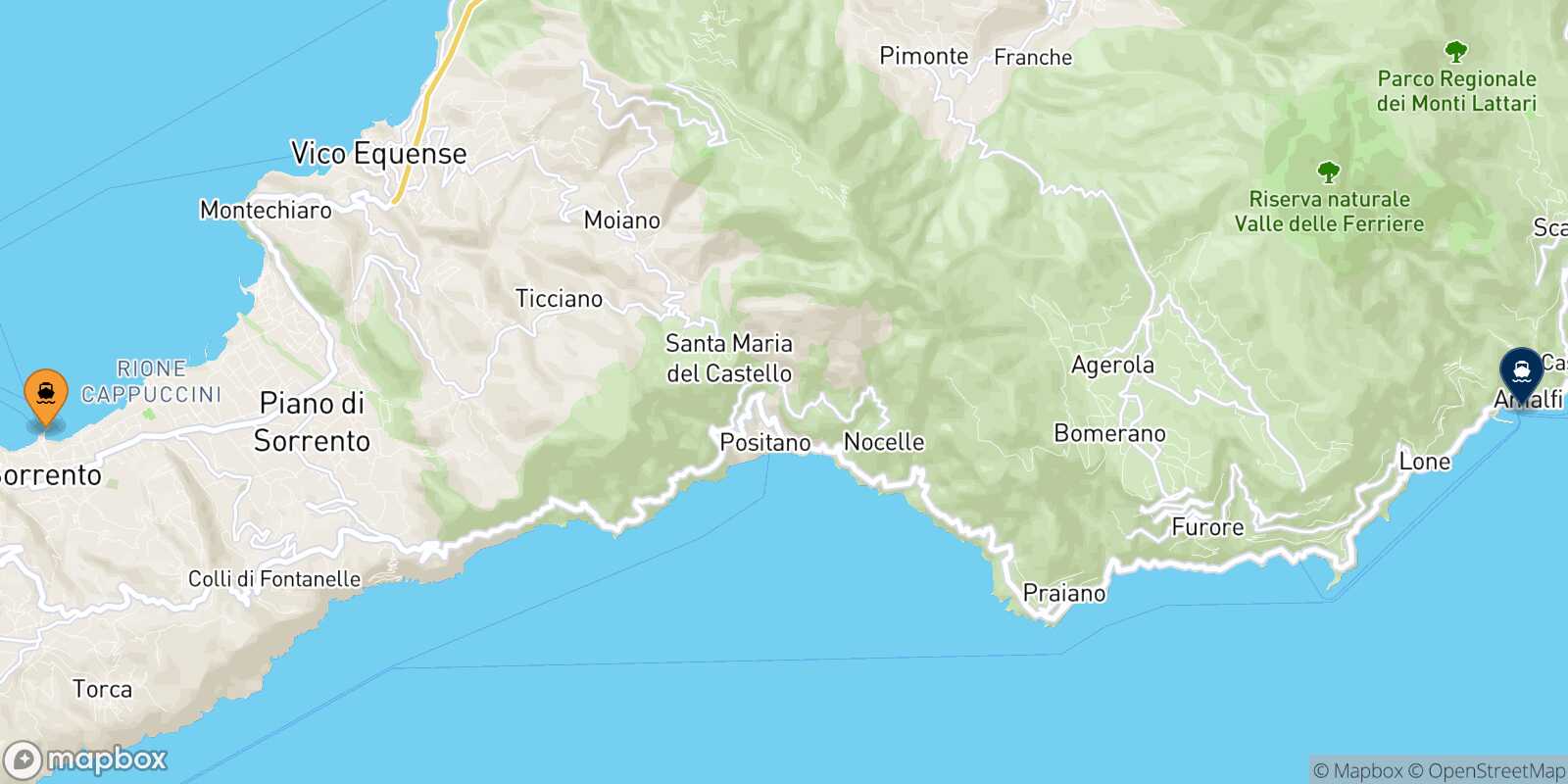 Mappa della rotta Sorrento Amalfi