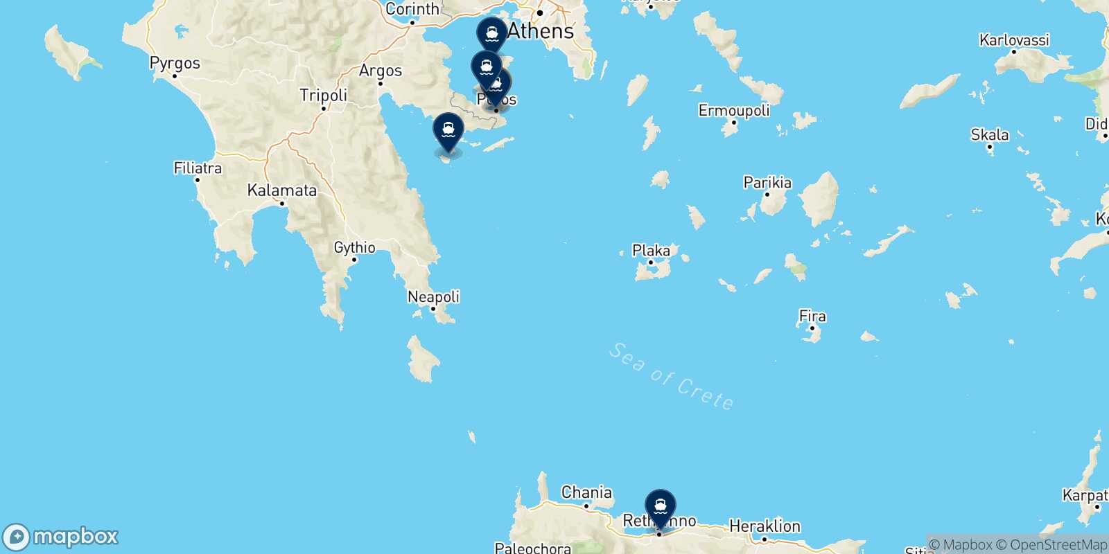Mappa delle destinazioni raggiungibili da Poros