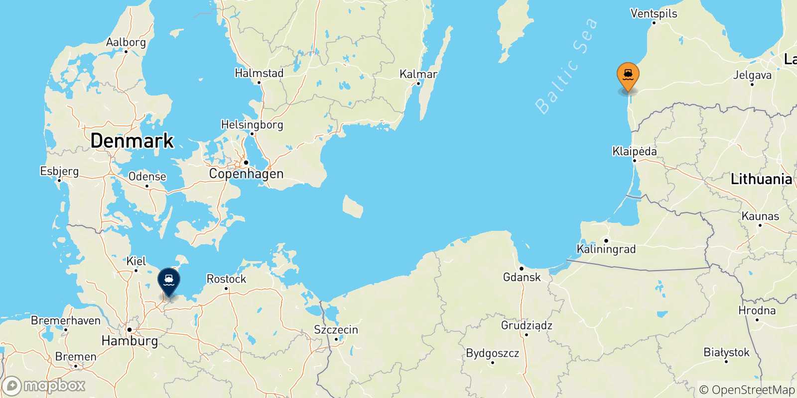 Mappa delle possibili rotte tra Liepaja e la Germania