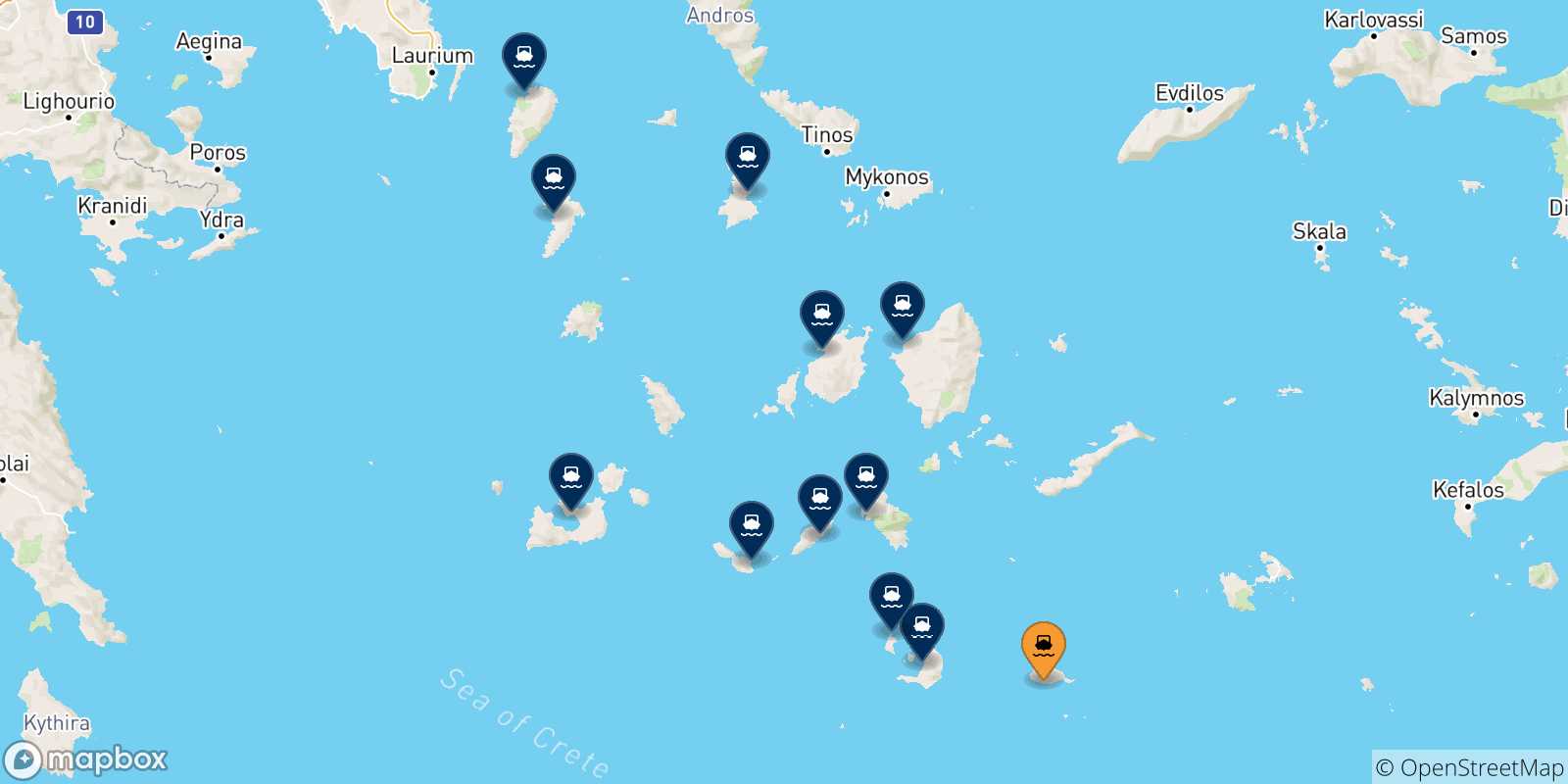 Mappa delle possibili rotte tra Anafi e le Isole Cicladi