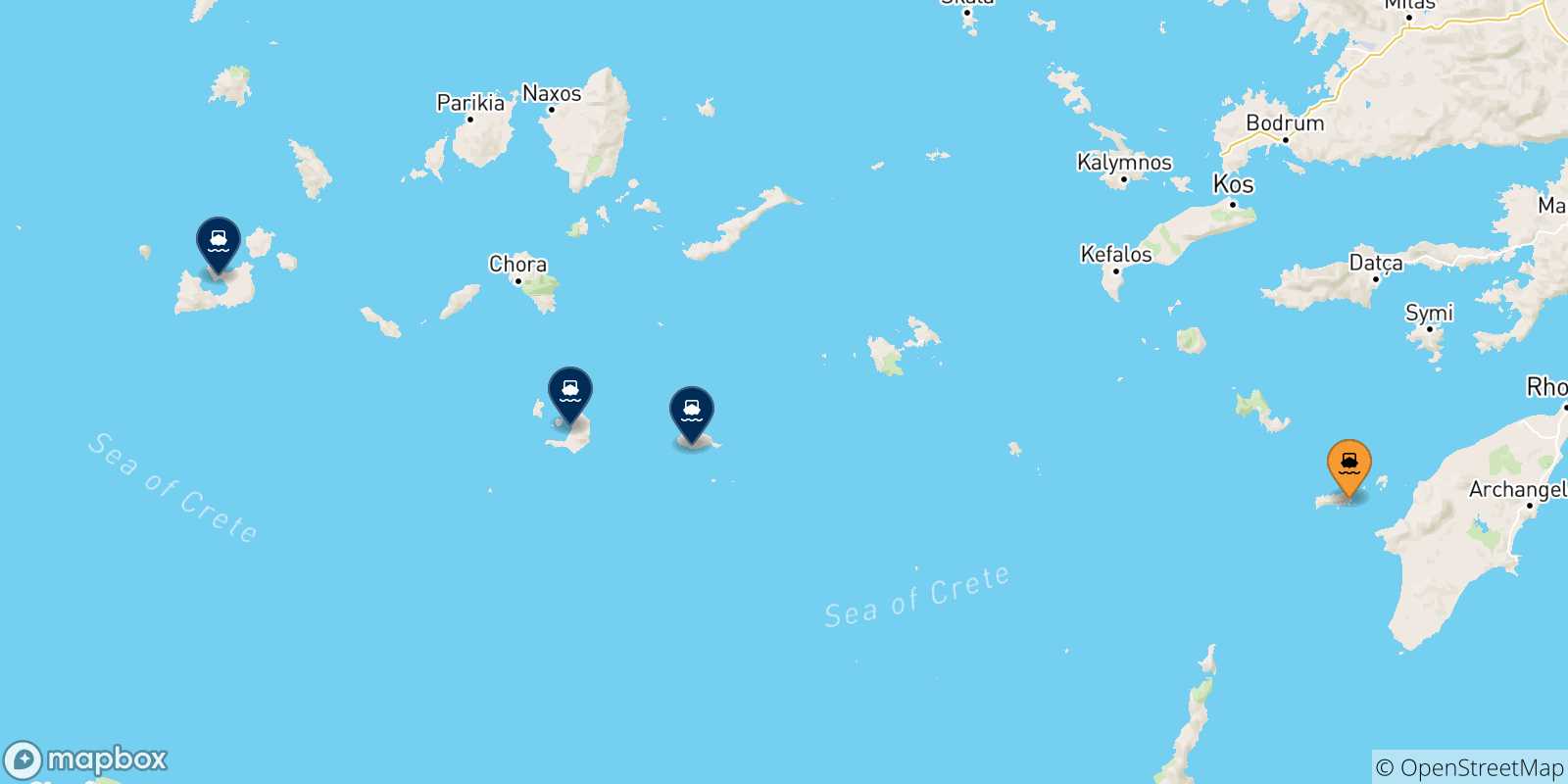 Mappa delle possibili rotte tra Chalki e le Isole Cicladi