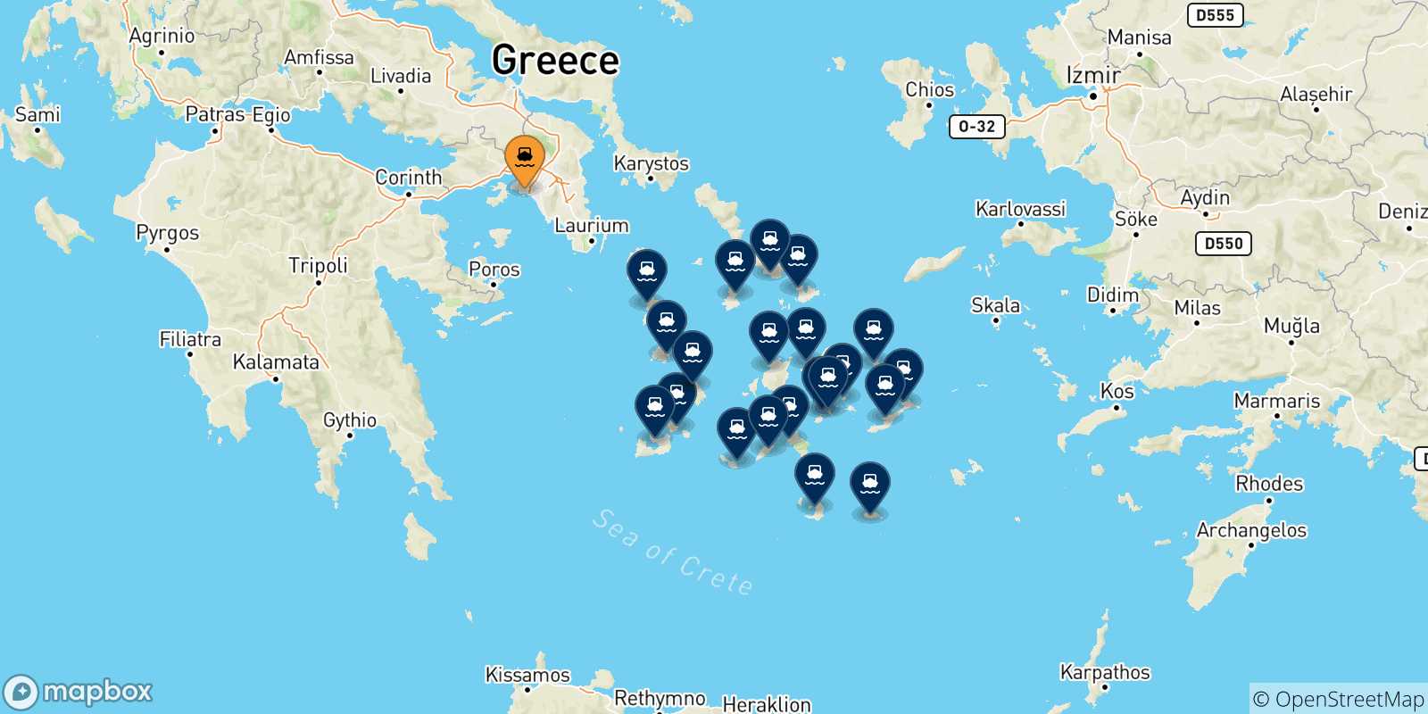 Mappa delle possibili rotte tra Pireo e le Isole Cicladi