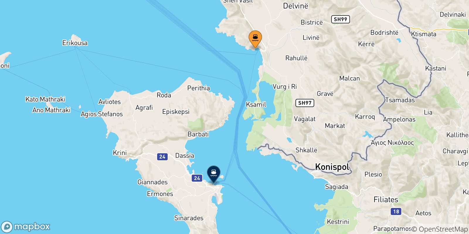 Mappa delle possibili rotte tra l'Albania e Corfu