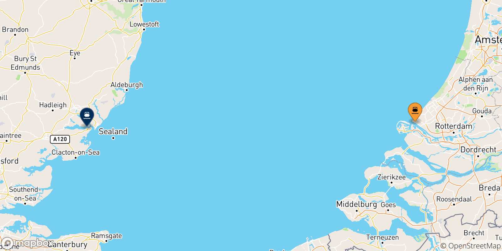 Mappa delle possibili rotte tra Hoek Van Holland e l'Inghilterra