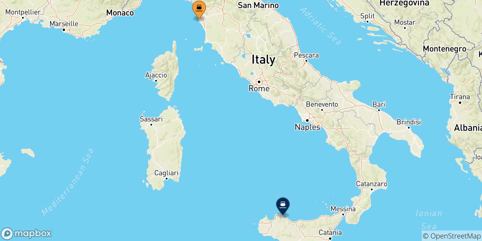 Mappa delle possibili rotte tra Livorno e la Sicilia