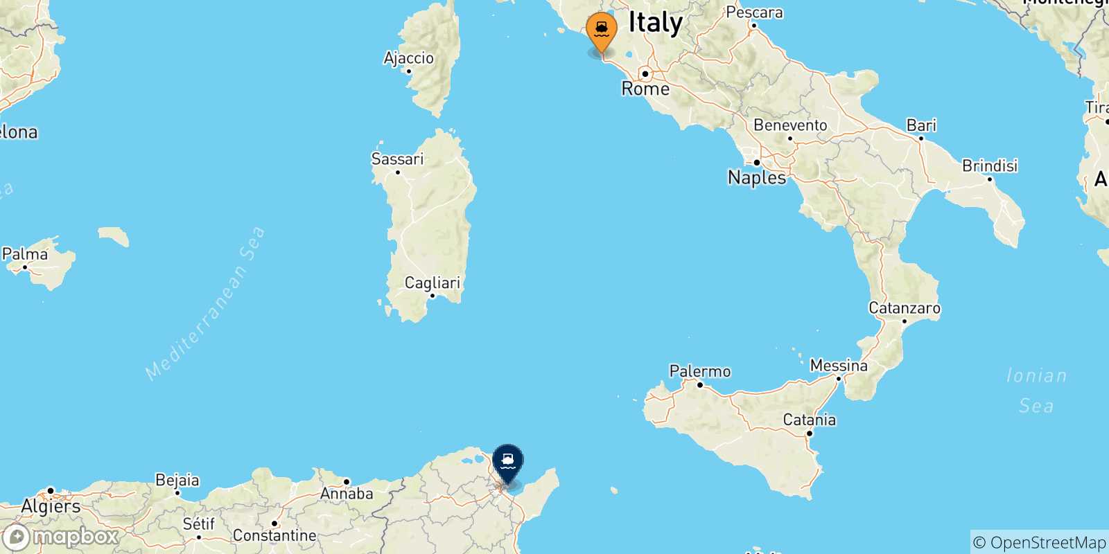 Mappa delle possibili rotte tra Civitavecchia e la Tunisia