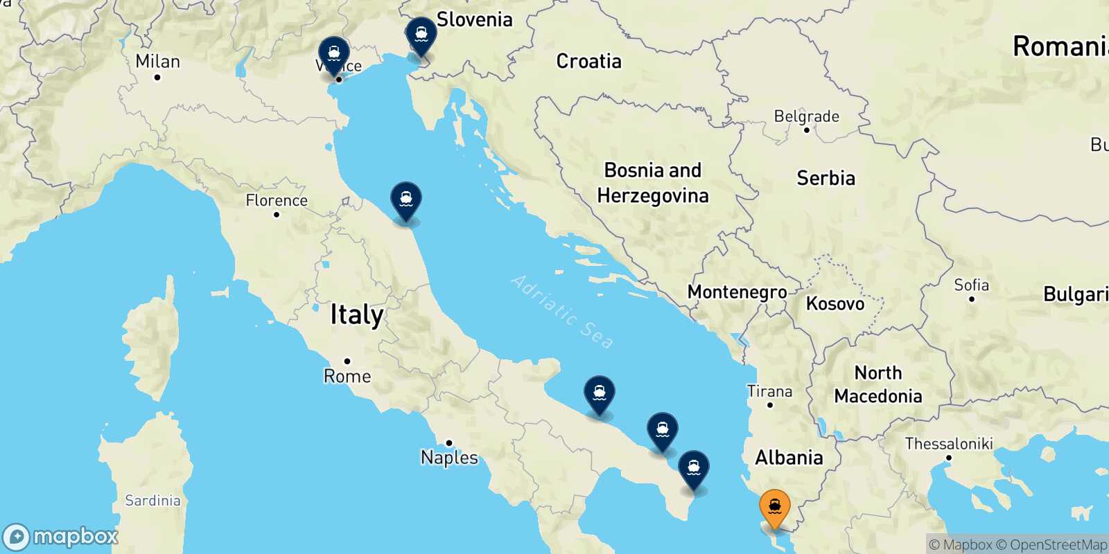 Mappa delle destinazioni raggiungibili da Corfu