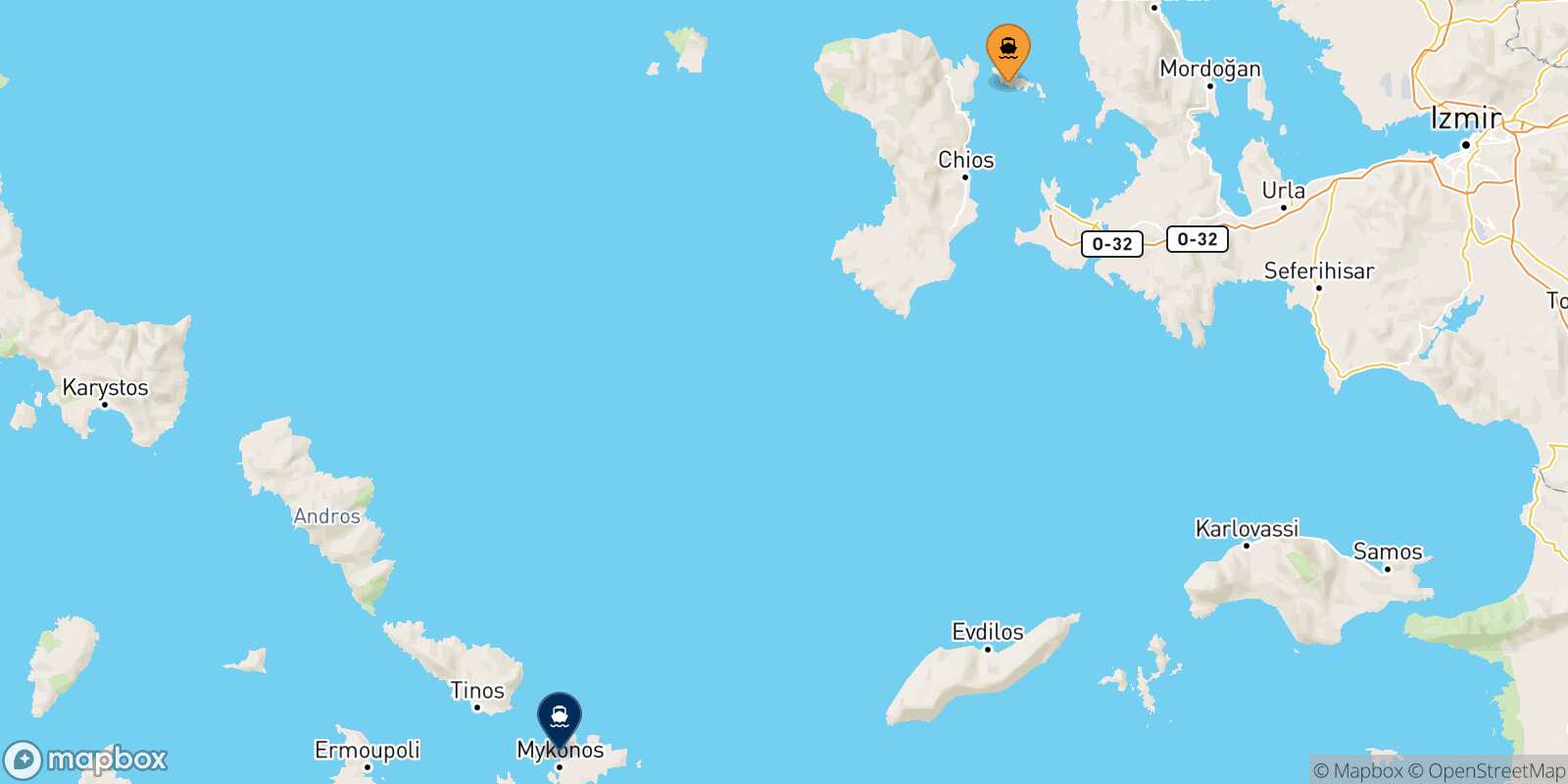 Mappa della rotta Inousses Mykonos