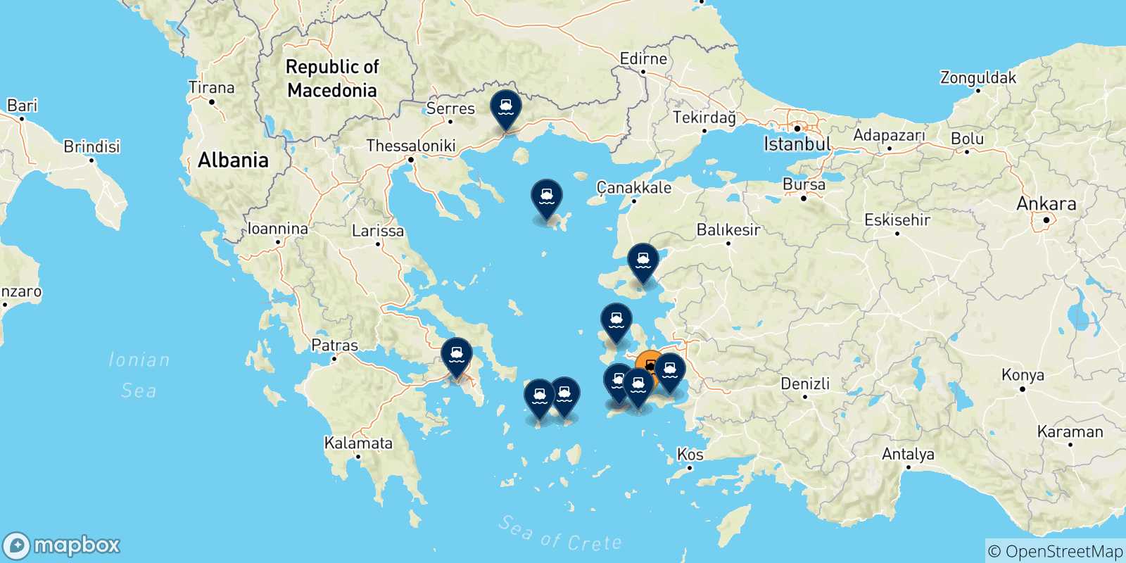 Mappa delle possibili rotte tra Karlovassi (Samos) e la Grecia