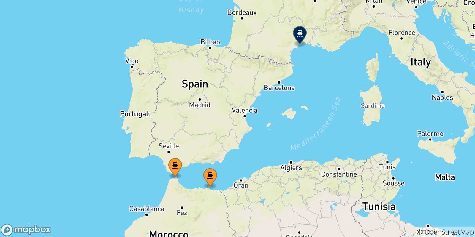 Mappa delle possibili rotte tra il Marocco e Sete