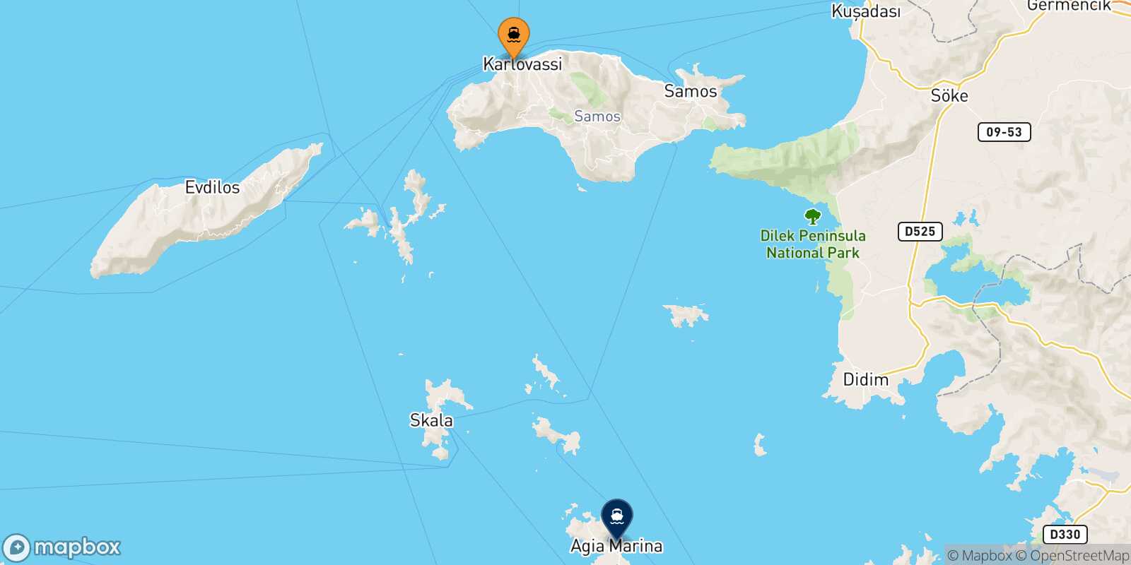 Mappa della rotta Pythagorio (Samos) Leros