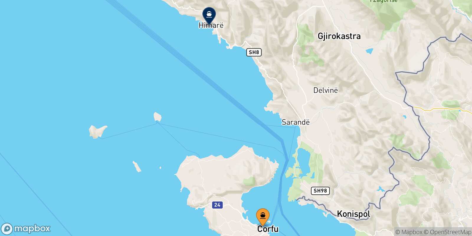 Mappa della rotta Corfu Himare