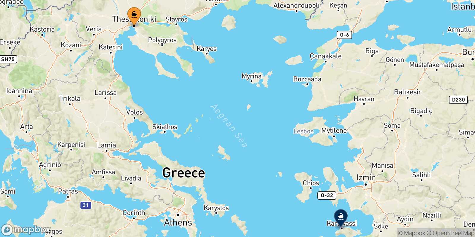 Mappa della rotta Salonicco Karlovassi (Samos)