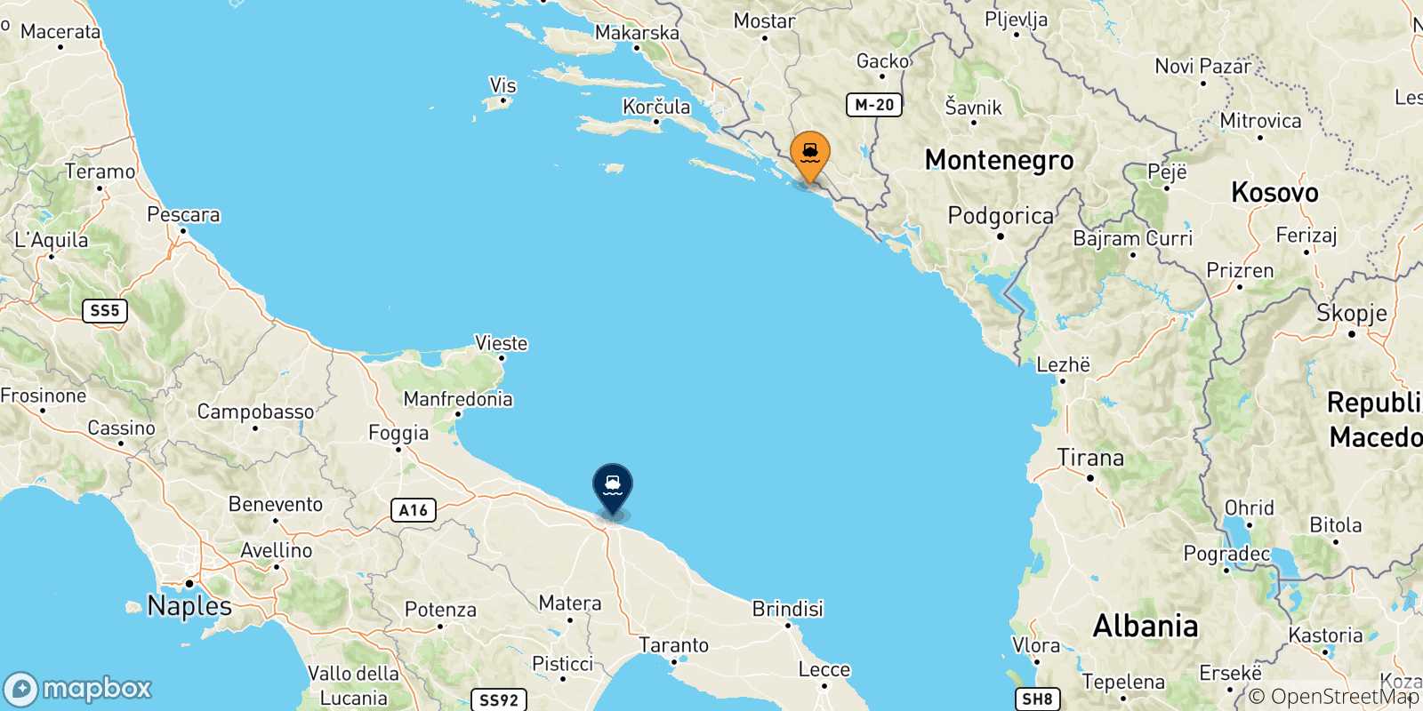 Mappa delle possibili rotte tra la Croazia e Bari