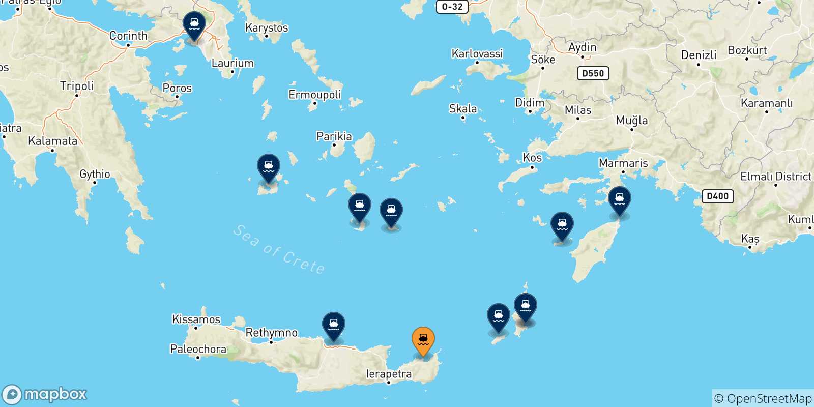 Mappa delle possibili rotte tra Sitia e la Grecia