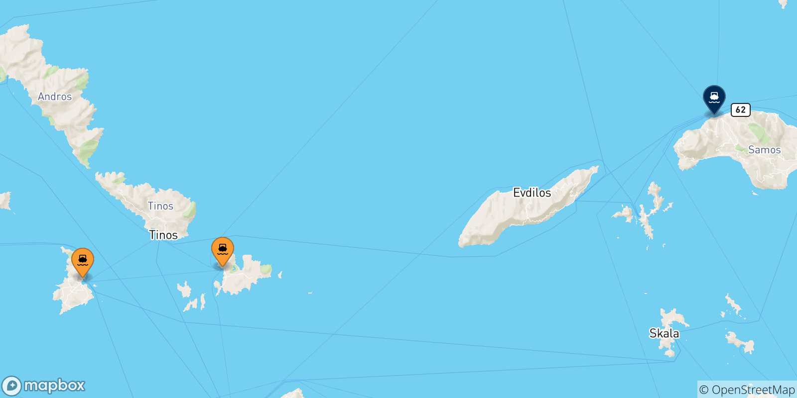 Mappa delle possibili rotte tra le Isole Cicladi e Karlovassi (Samos)