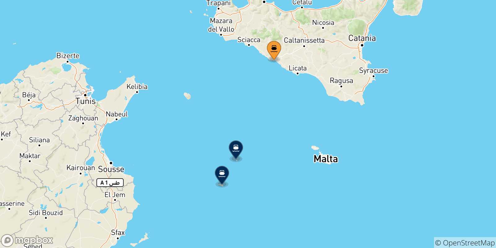 Mappa delle possibili rotte tra Porto Empedocle e l'Italia