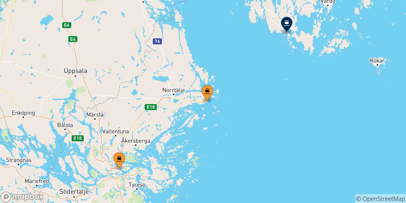 Mappa delle possibili rotte tra la Svezia e Mariehamn
