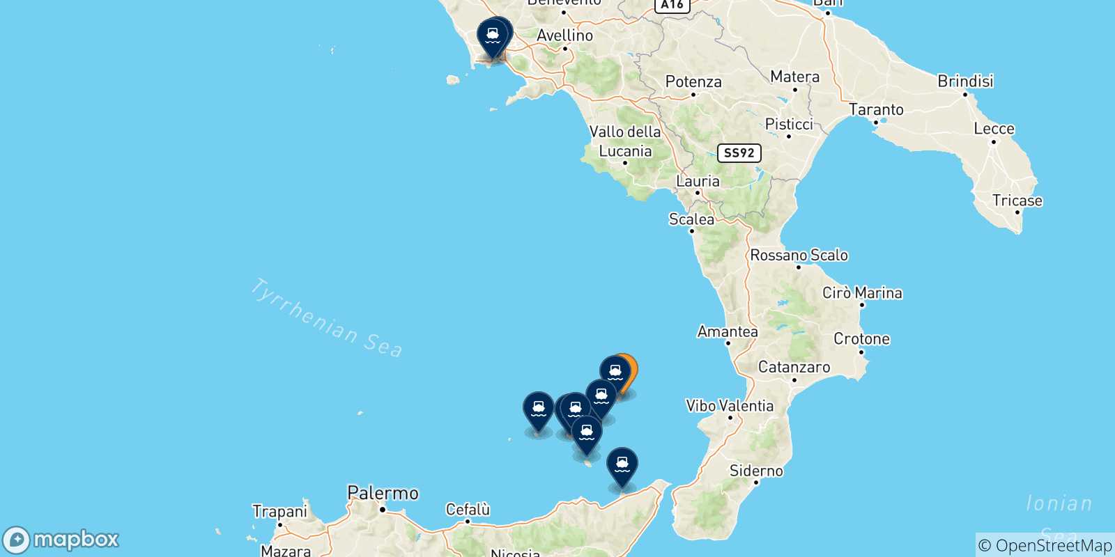 Mappa delle possibili rotte tra Stromboli e l'Italia