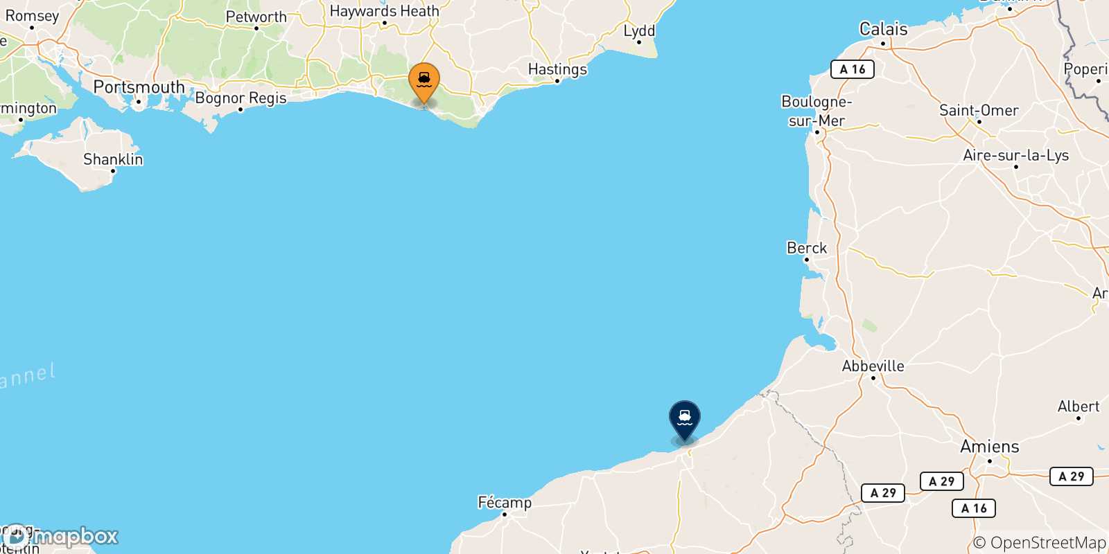 Mappa delle possibili rotte tra il Regno Unito e Dieppe