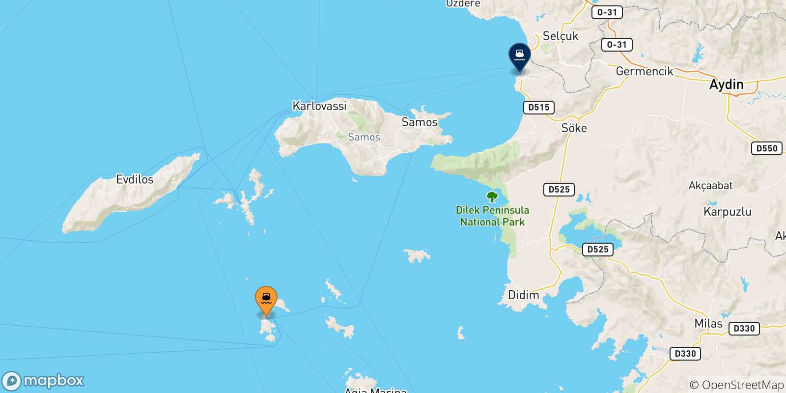 Mappa delle possibili rotte tra le Isole Dodecaneso e Kusadasi